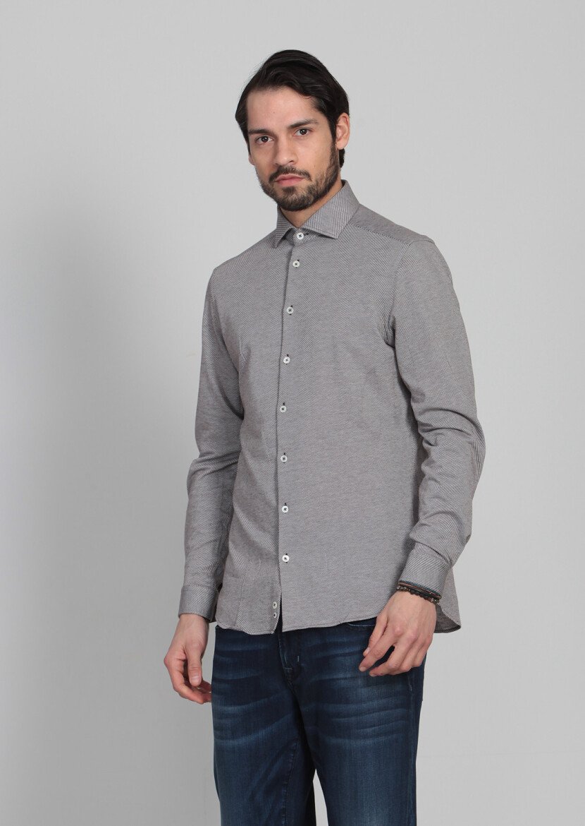 Kahverengi Desenli Slim Fit Casual %100 Pamuk Gömlek 