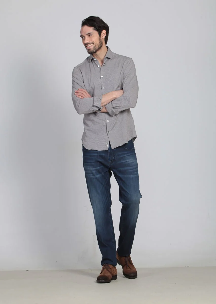 Kahverengi Desenli Slim Fit Casual %100 Pamuk Gömlek - 4