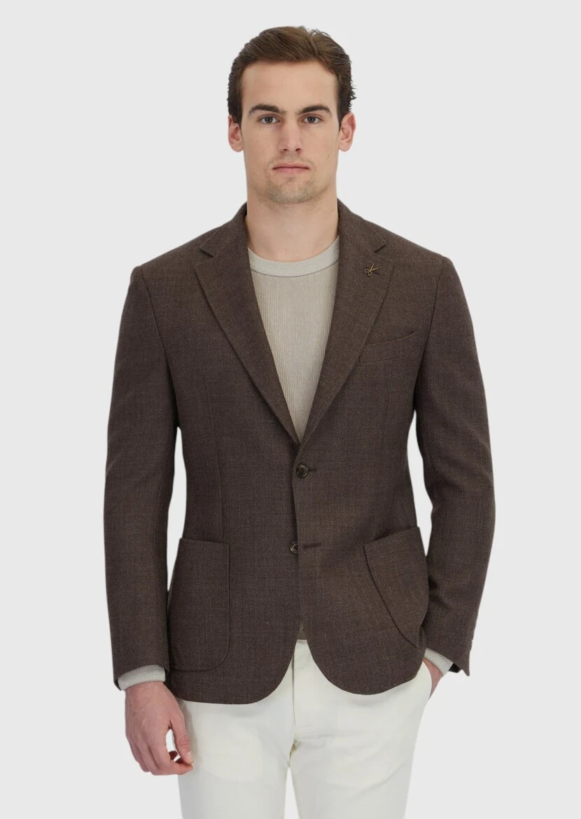 Kahverengi Desenli Zeroweight Slim Fit %100 Yün Ceket - 1