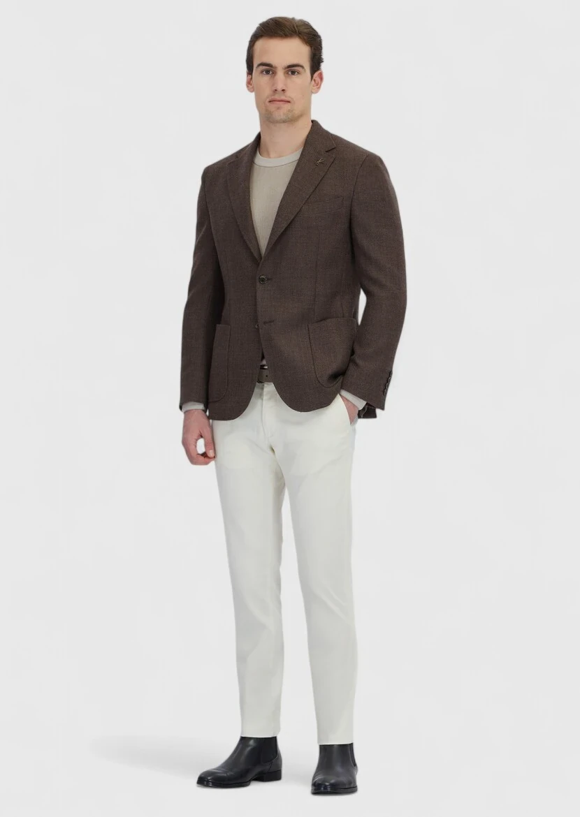 Kahverengi Desenli Zeroweight Slim Fit %100 Yün Ceket - 2