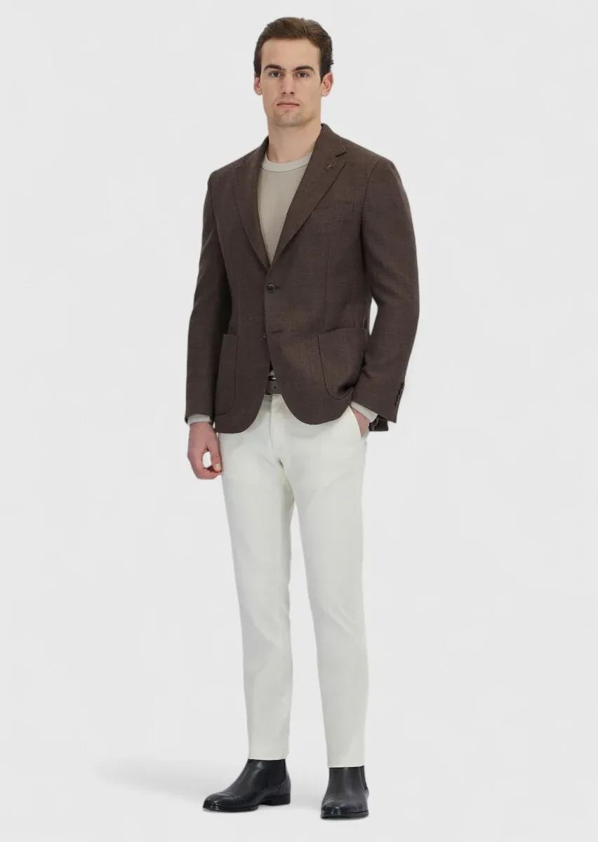 Kahverengi Desenli Zeroweight Slim Fit %100 Yün Ceket - 2