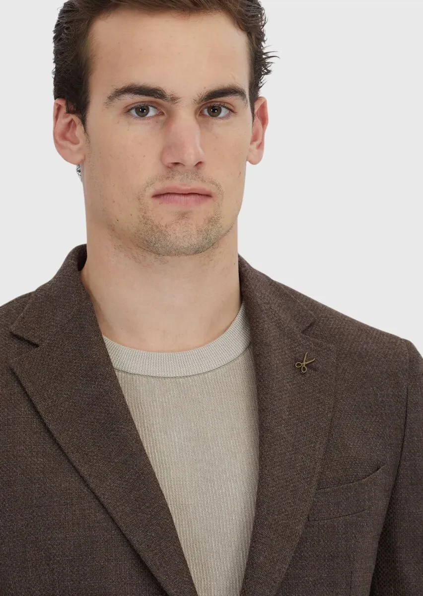 Kahverengi Desenli Zeroweight Slim Fit %100 Yün Ceket - 3