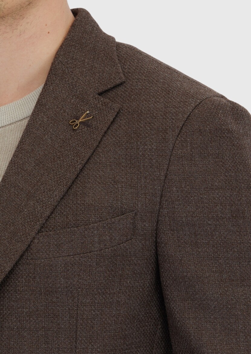 Kahverengi Desenli Zeroweight Slim Fit %100 Yün Ceket - 4