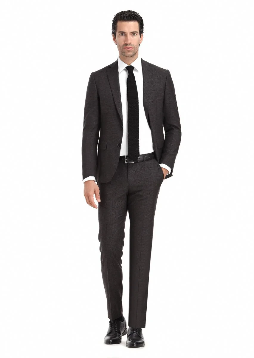 Kahverengi Desenli Zeroweight Slim Fit Yün Karışımlı Takım Elbise - 1