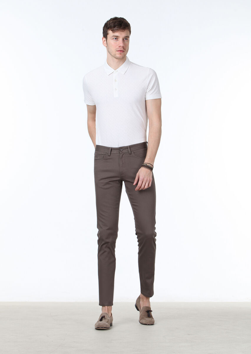 Kahverengi Dokuma Slim Fit Casual Pamuk Karışımlı Pantolon - 2