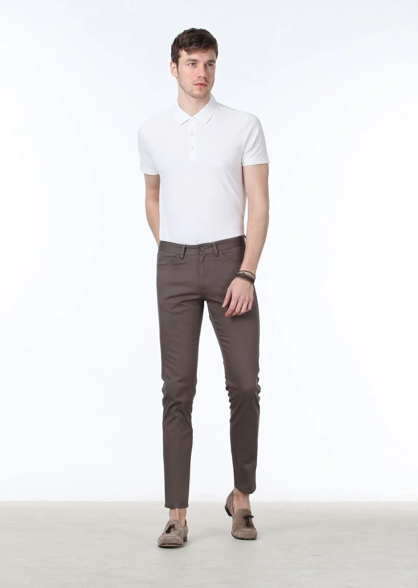 Kahverengi Dokuma Slim Fit Casual Pamuk Karışımlı Pantolon - 2