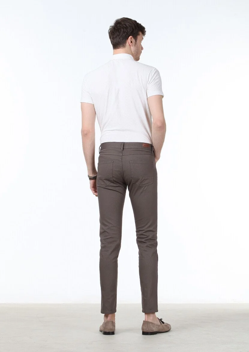 Kahverengi Dokuma Slim Fit Casual Pamuk Karışımlı Pantolon - 4