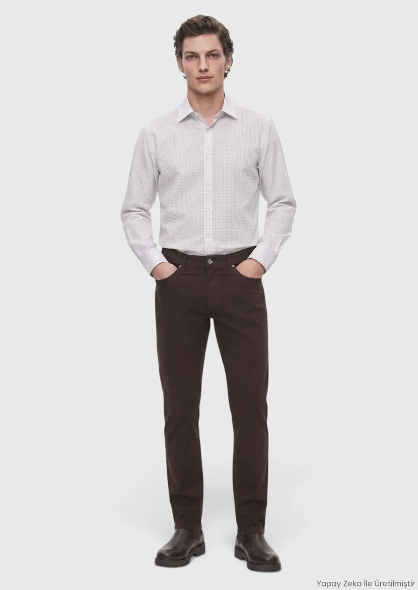 Kahverengi Dokuma Slim Fit Casual Pamuk Karışımlı Pantolon 
