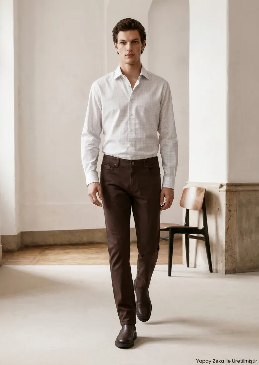 Kahverengi Dokuma Slim Fit Casual Pamuk Karışımlı Pantolon - RAMSEY