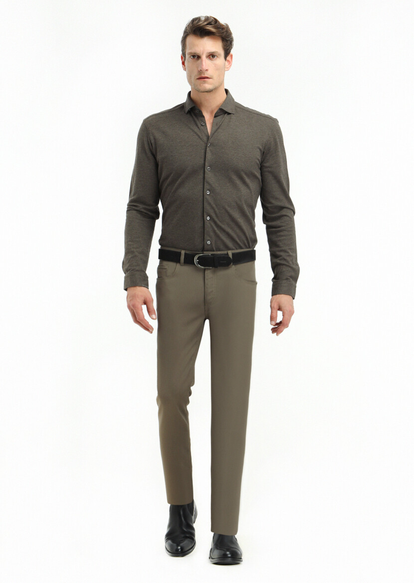 Kahverengi Dokuma Slim Fit Casual Pantolon - 1