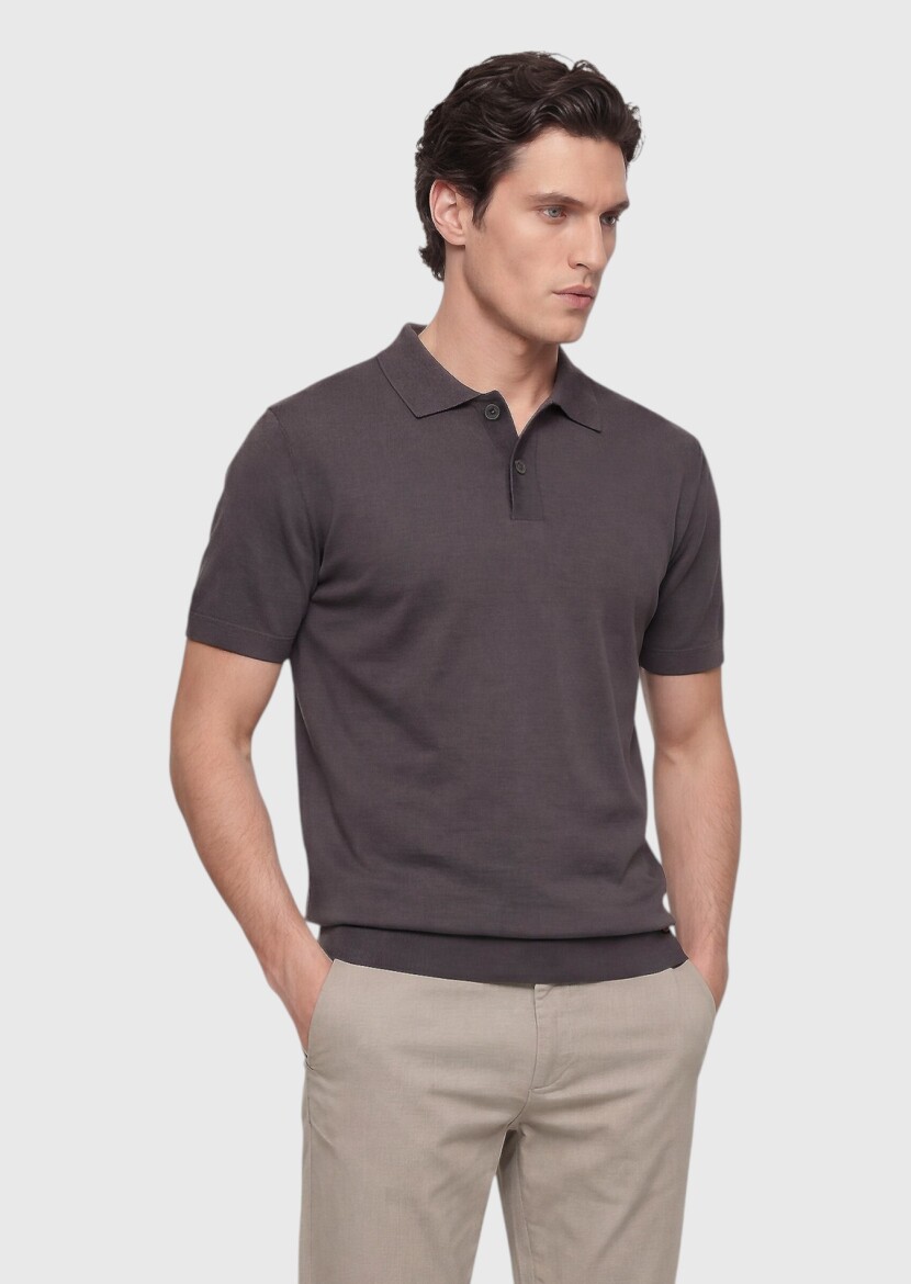 Kahverengi Düz %100 Pamuk T-Shirt - 1