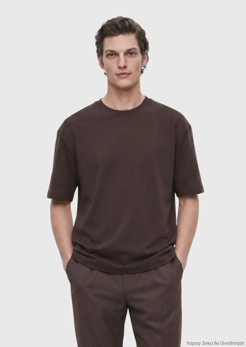 RAMSEY Kahverengi Düz %100 Pamuk T-Shirt