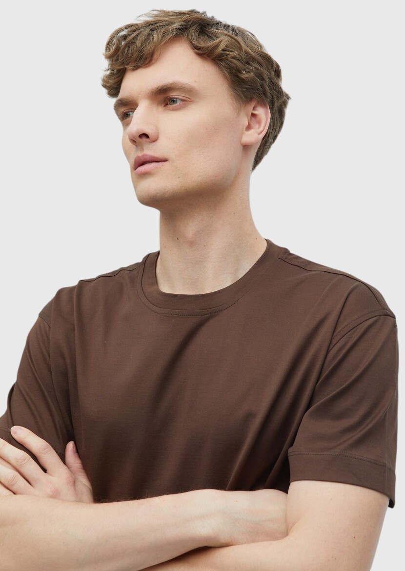 Kahverengi Düz Bisiklet Yaka %100 Pamuk T-Shirt - 3