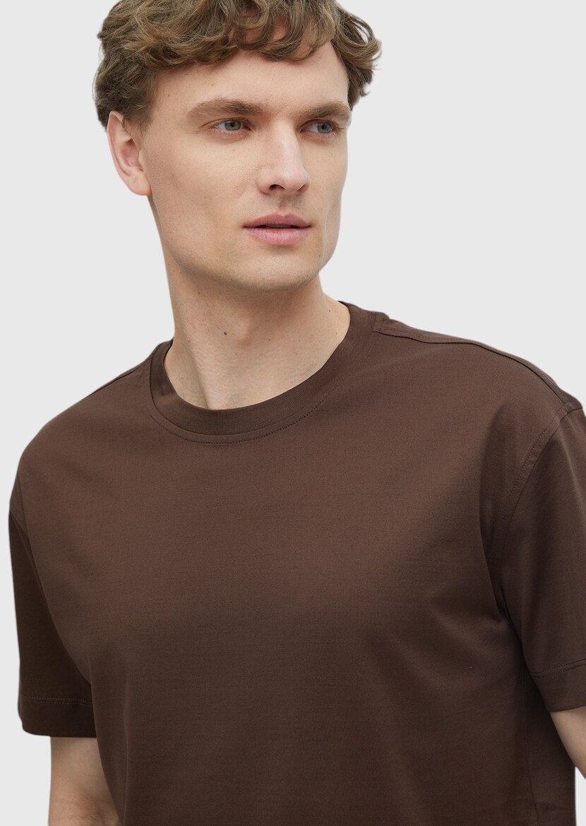 Kahverengi Düz Bisiklet Yaka %100 Pamuk T-Shirt - 4