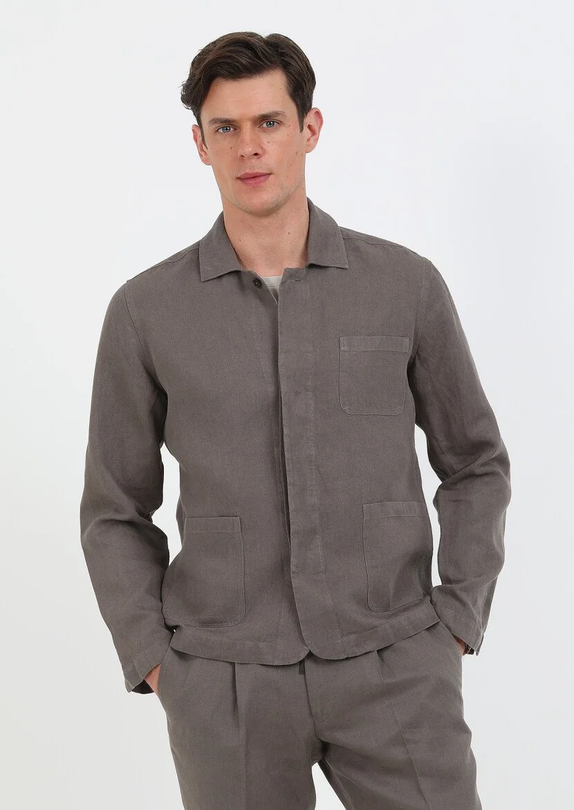 Kahverengi Düz Casual Fit Dokuma %100 Keten Overshırt - 3