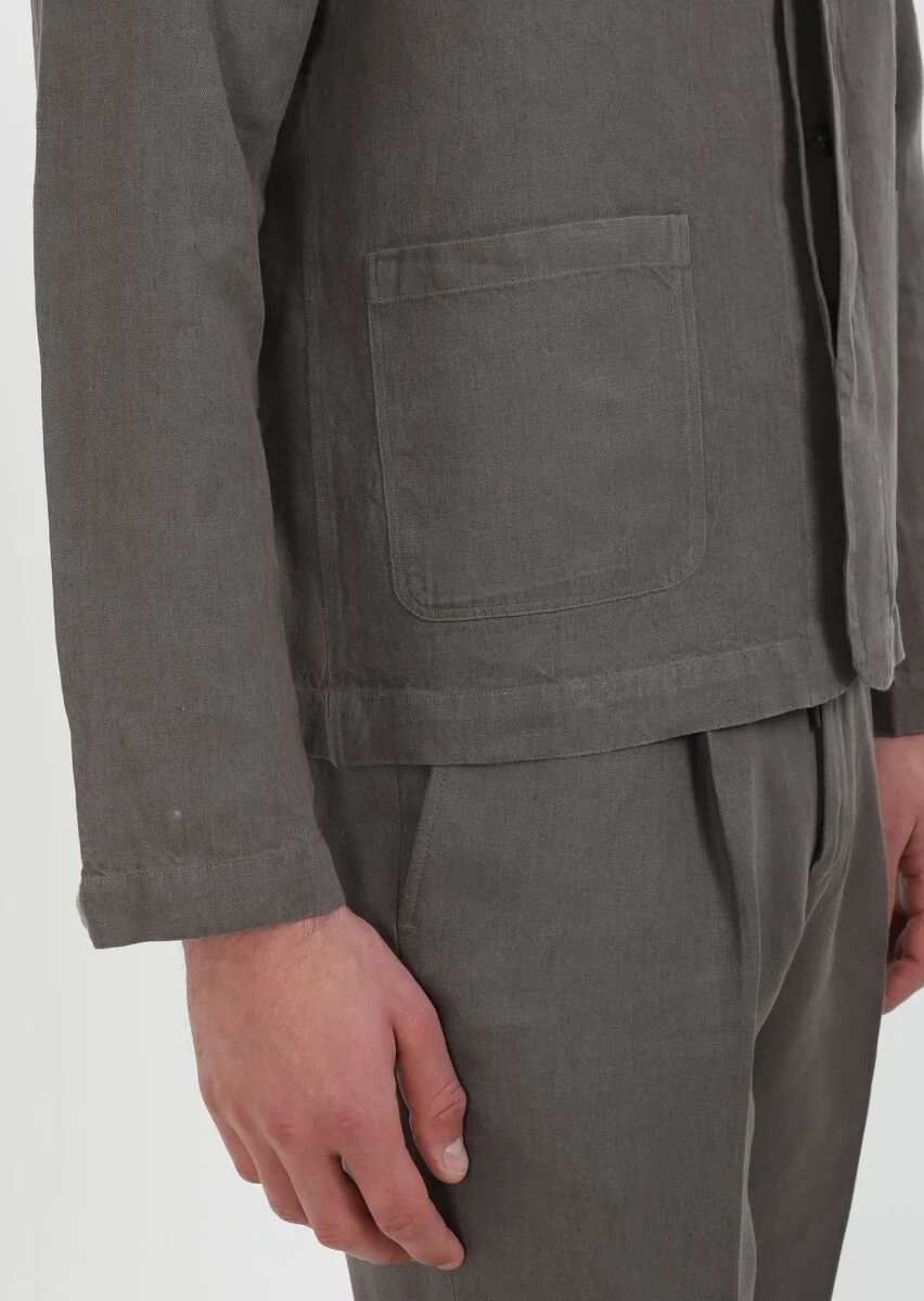 Kahverengi Düz Casual Fit Dokuma %100 Keten Overshırt - 6