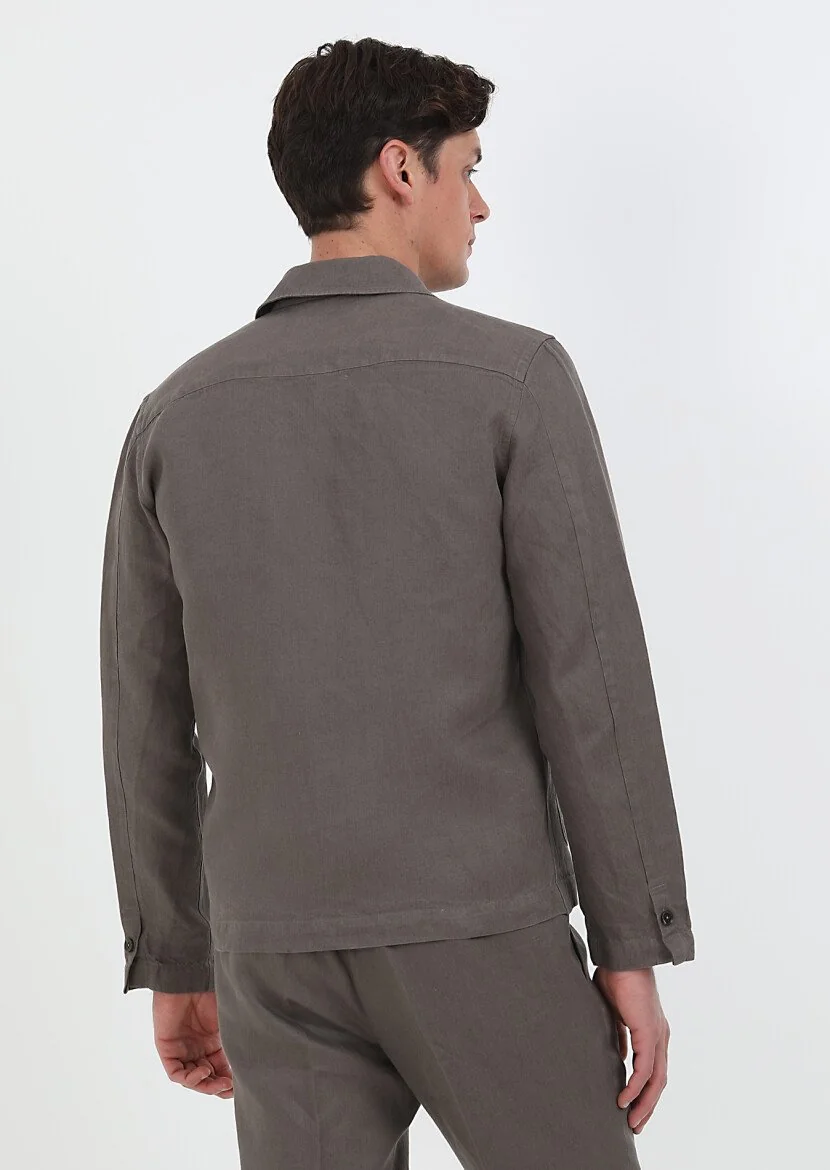 Kahverengi Düz Casual Fit Dokuma %100 Keten Overshırt - 8