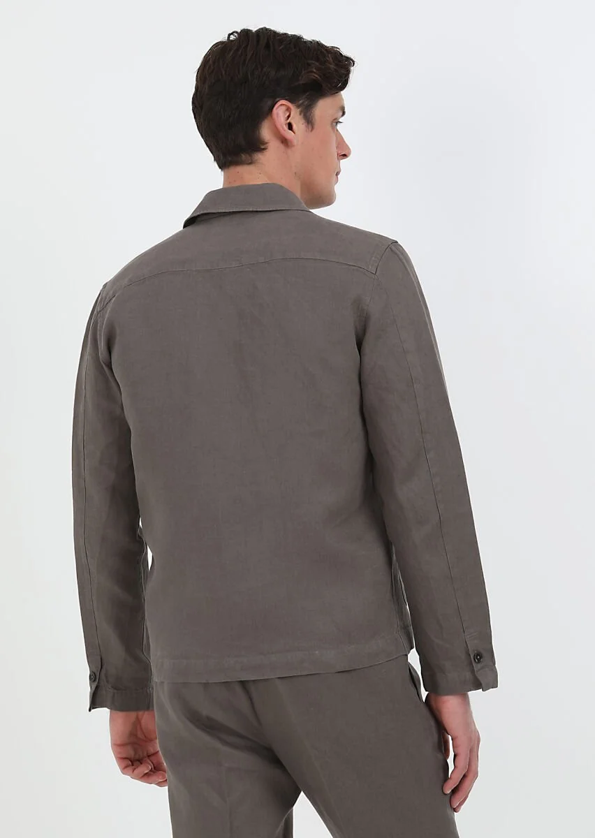 Kahverengi Düz Casual Fit Dokuma %100 Keten Overshırt - 8
