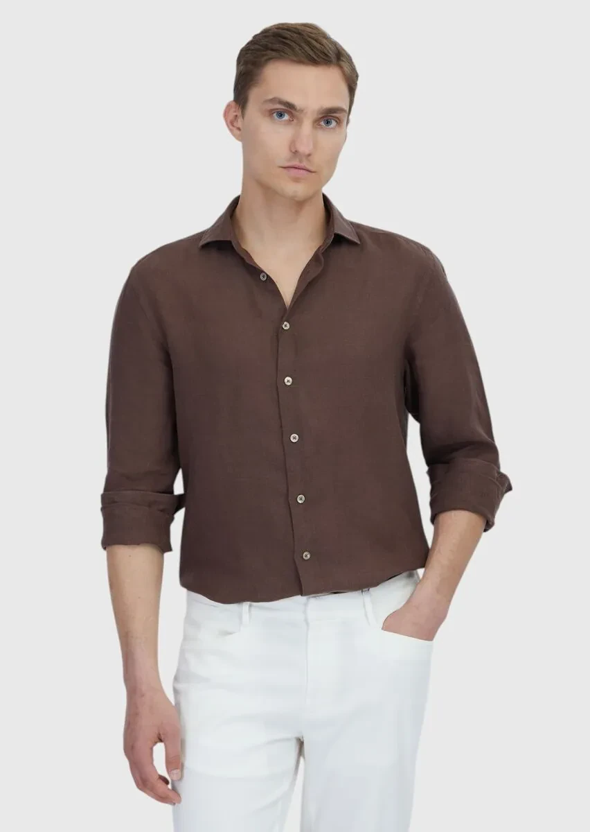 Kahverengi Düz Casual Fit Dokuma Casual %100 Keten Gömlek - 1