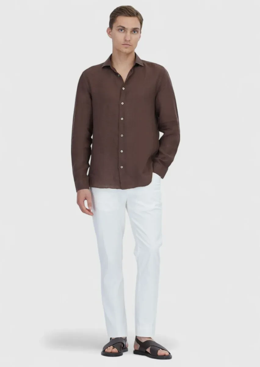 Kahverengi Düz Casual Fit Dokuma Casual %100 Keten Gömlek - 2