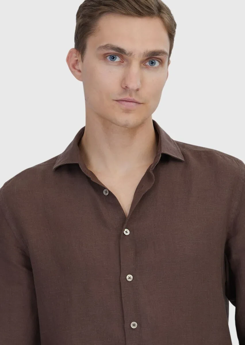 Kahverengi Düz Casual Fit Dokuma Casual %100 Keten Gömlek - 3