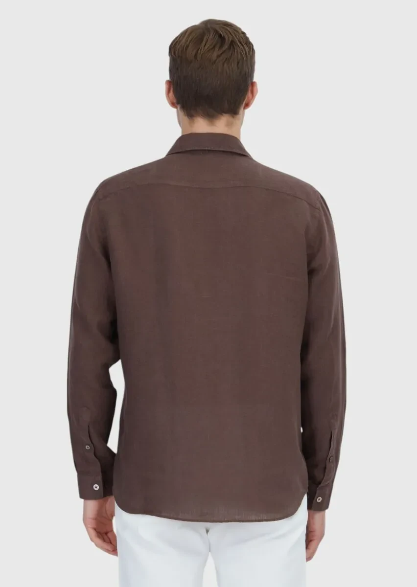 Kahverengi Düz Casual Fit Dokuma Casual %100 Keten Gömlek - 5