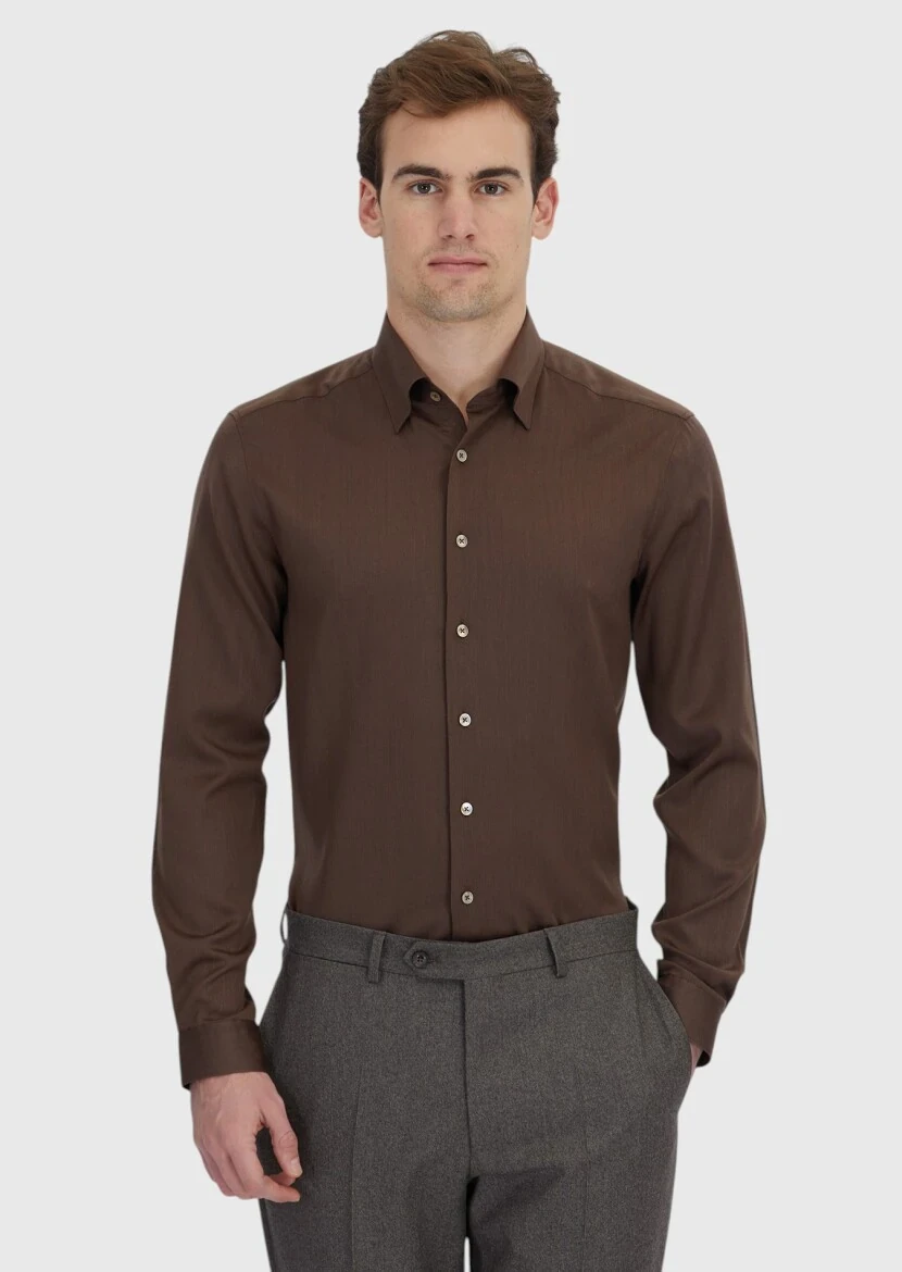 Kahverengi Düz Casual Fit Dokuma Casual İpek Karışımlı Gömlek - 1