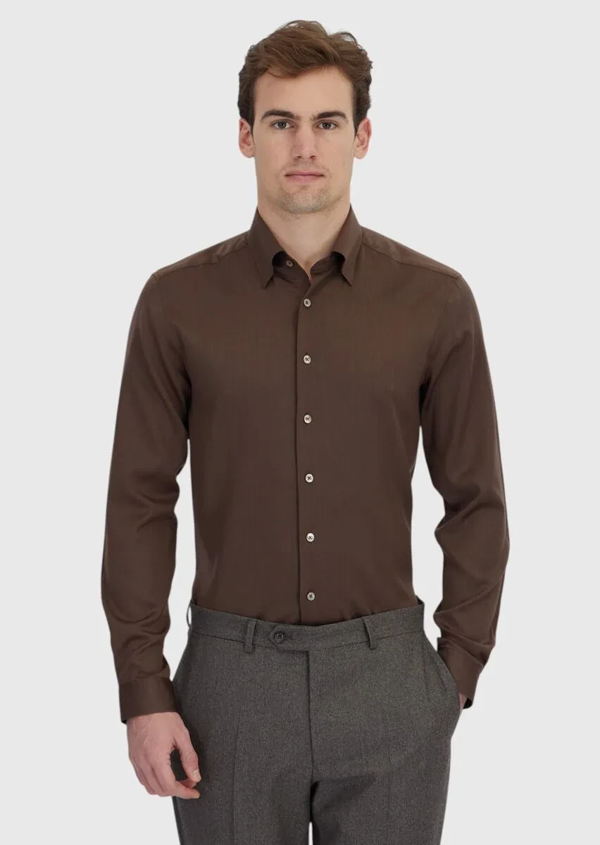 Kahverengi Düz Casual Fit Dokuma Casual İpek Karışımlı Gömlek - 1