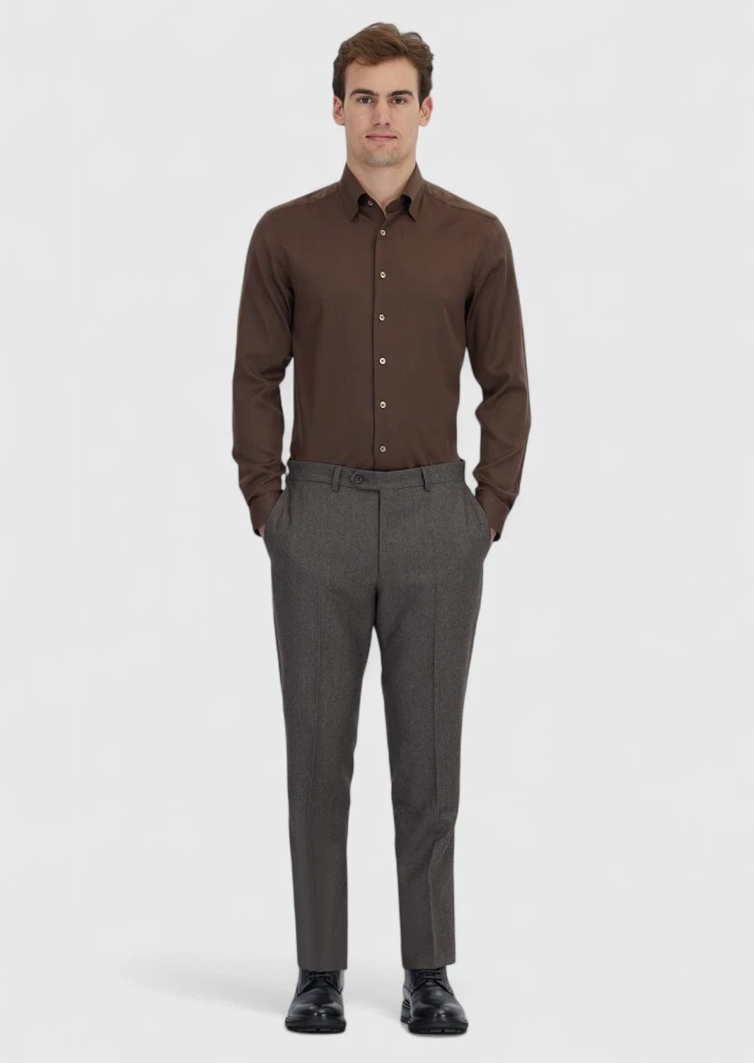 Kahverengi Düz Casual Fit Dokuma Casual İpek Karışımlı Gömlek 