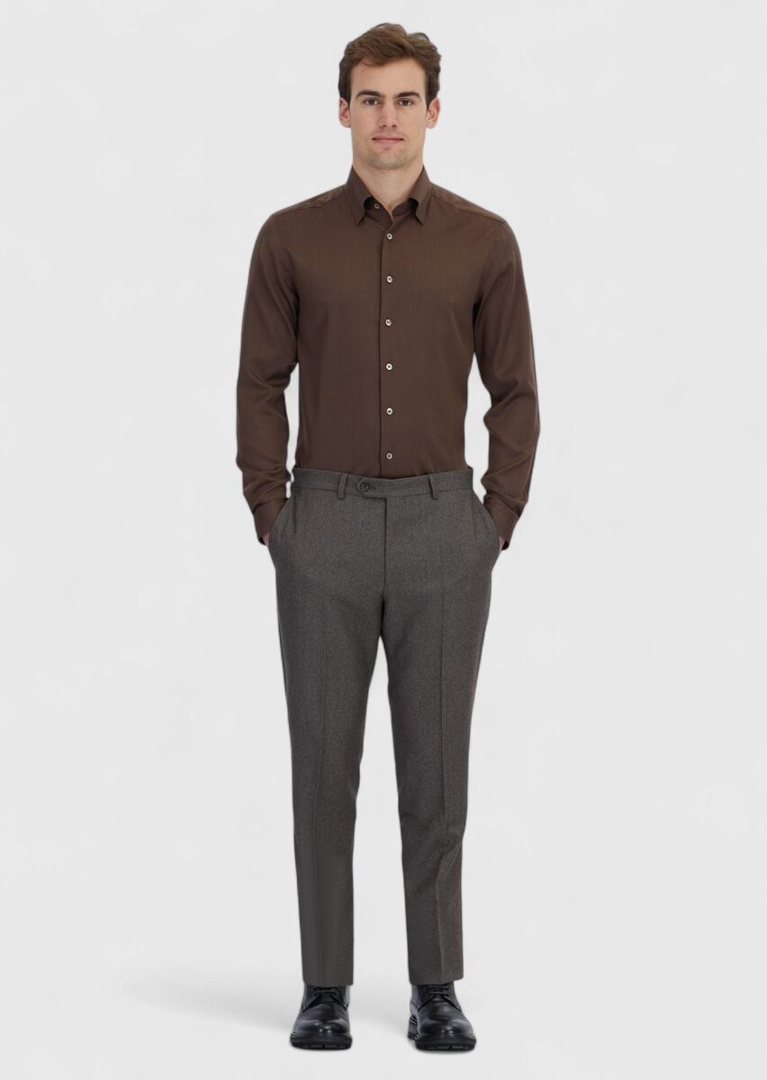 Kahverengi Düz Casual Fit Dokuma Casual İpek Karışımlı Gömlek - 2