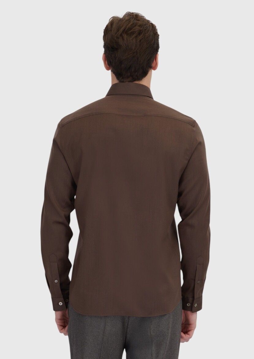 Kahverengi Düz Casual Fit Dokuma Casual İpek Karışımlı Gömlek - 5