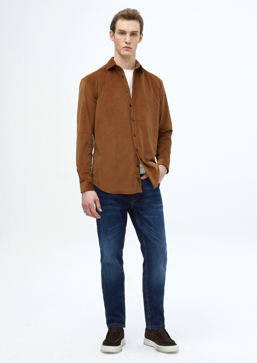 Kahverengi Düz Casual Fit Dokuma Kadife Casual %100 Pamuk Gömlek 