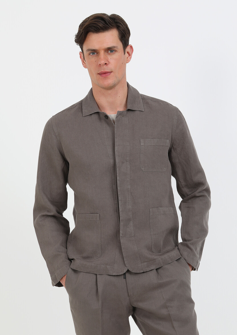 Kahverengi Düz Casual Fit Uzun Dokuma %100 Keten Overshırt - 3
