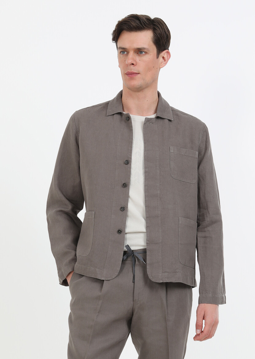Kahverengi Düz Casual Fit Uzun Dokuma %100 Keten Overshırt - 4