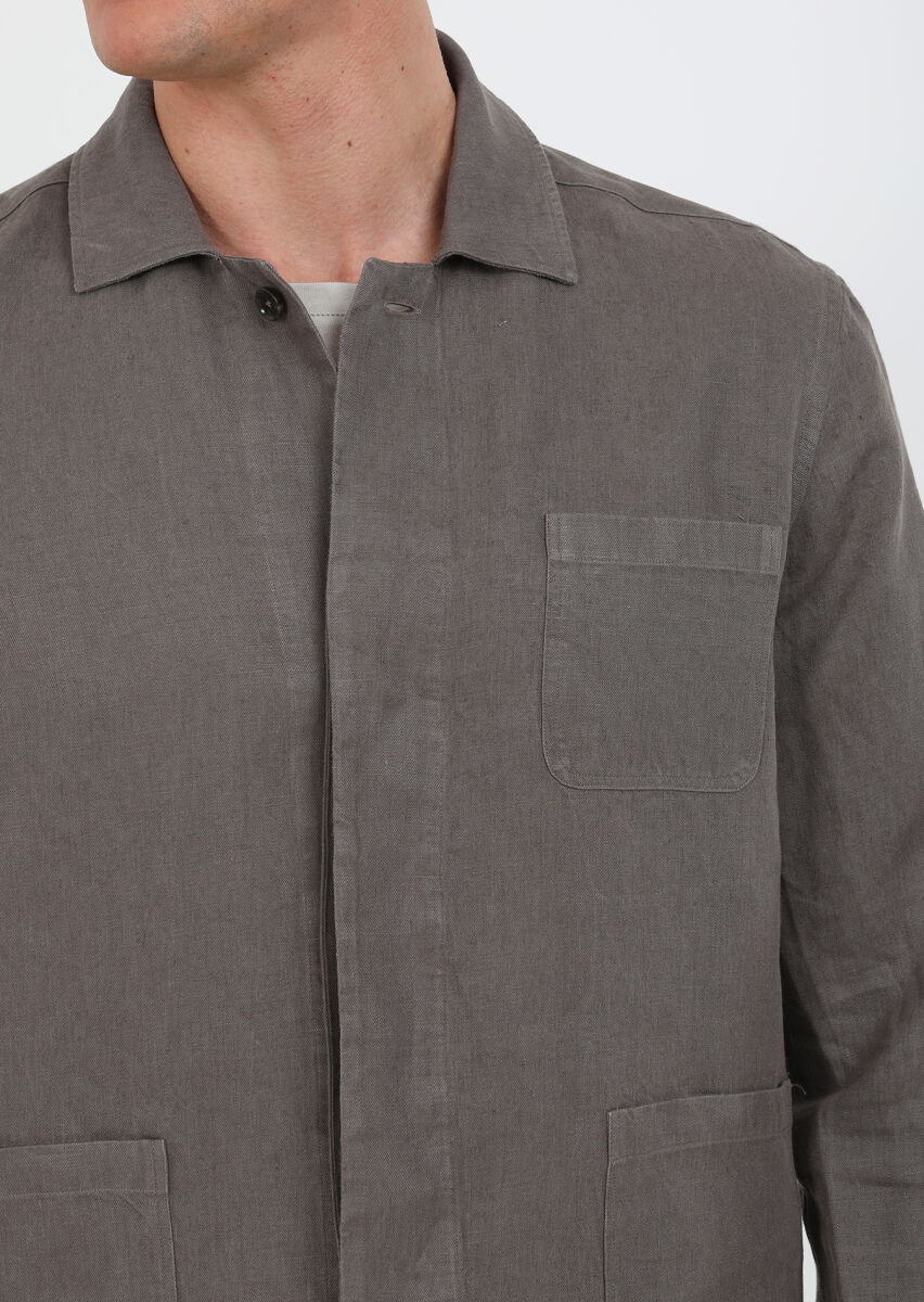 Kahverengi Düz Casual Fit Uzun Dokuma %100 Keten Overshırt - 5