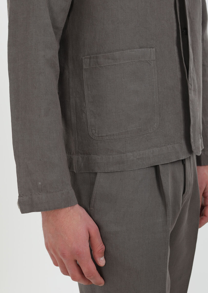 Kahverengi Düz Casual Fit Uzun Dokuma %100 Keten Overshırt - 6