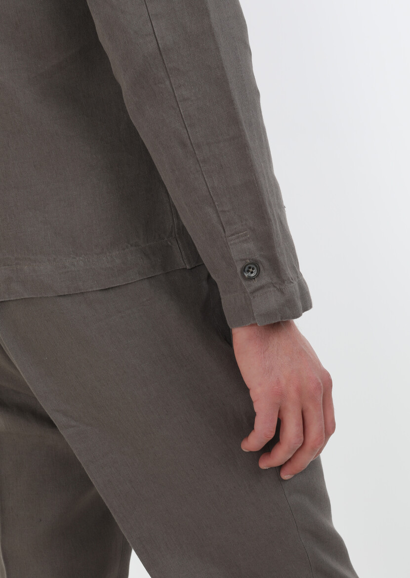 Kahverengi Düz Casual Fit Uzun Dokuma %100 Keten Overshırt - 7