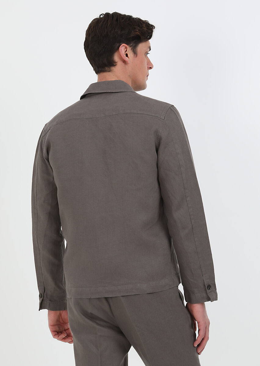 Kahverengi Düz Casual Fit Uzun Dokuma %100 Keten Overshırt - 8