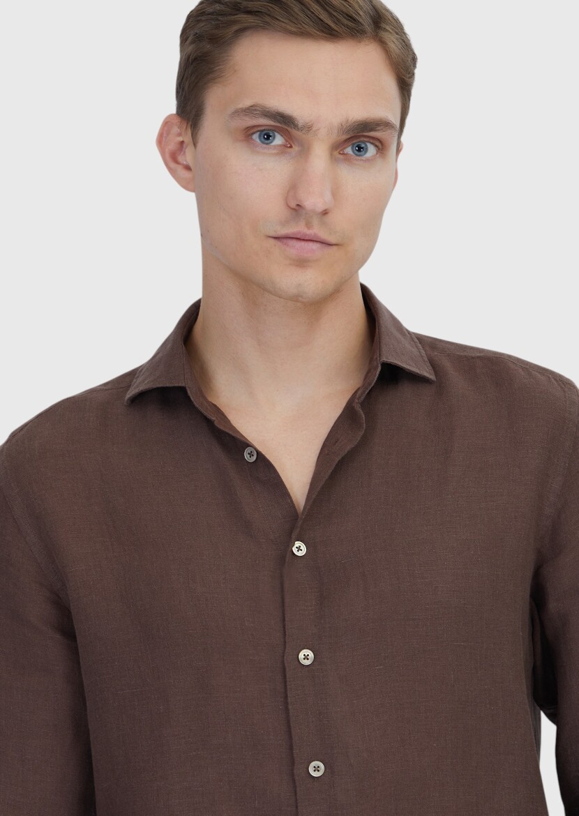 Kahverengi Düz Casual Fit Uzun Dokuma Casual %100 Keten Gömlek - 3
