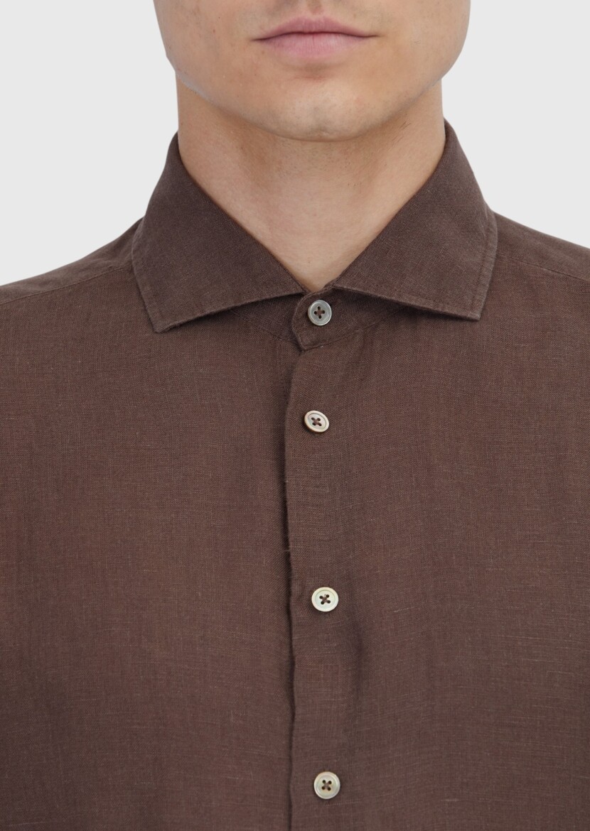 Kahverengi Düz Casual Fit Uzun Dokuma Casual %100 Keten Gömlek - 4