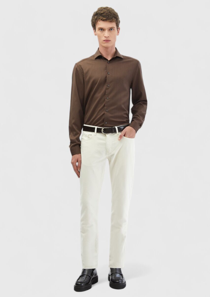 Kahverengi Düz Casual Fit Uzun Dokuma Casual İpek Karışımlı Gömlek - 2