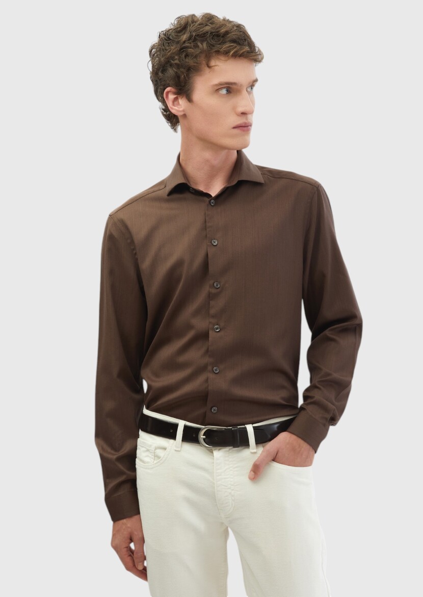 Kahverengi Düz Casual Fit Uzun Dokuma Casual İpek Karışımlı Gömlek - 3
