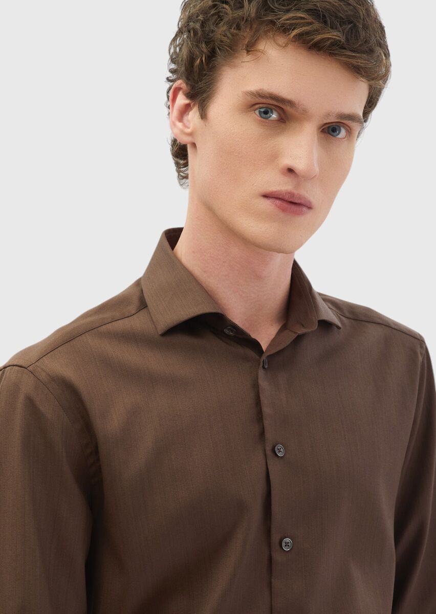 Kahverengi Düz Casual Fit Uzun Dokuma Casual İpek Karışımlı Gömlek - 4