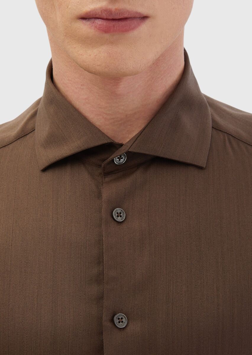 Kahverengi Düz Casual Fit Uzun Dokuma Casual İpek Karışımlı Gömlek - 5
