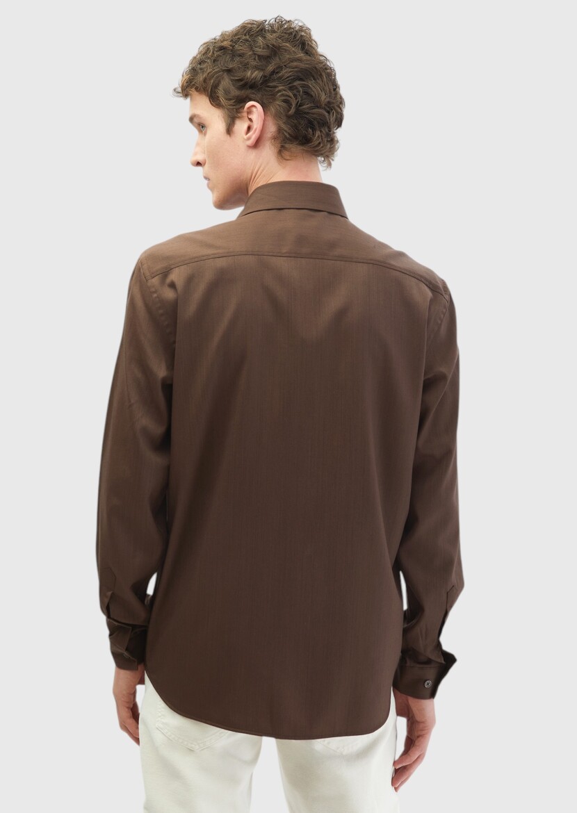 Kahverengi Düz Casual Fit Uzun Dokuma Casual İpek Karışımlı Gömlek - 6