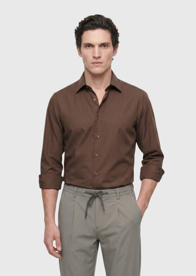 Kahverengi Düz Casual Fit Uzun Dokuma Casual İpek Karışımlı Gömlek 