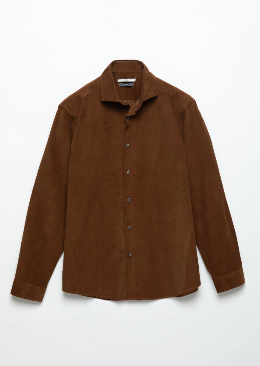 Kahverengi Düz Casual Fit Uzun Dokuma Kadife Casual %100 Pamuk Gömlek - 7