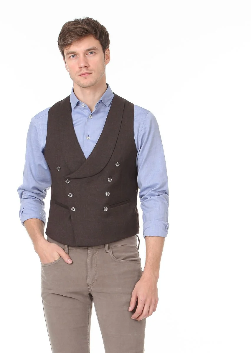 Kahverengi Düz Casual Yelek - 3