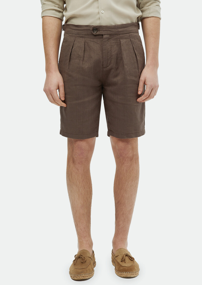 Kahverengi Düz Dokuma Carrot Fit Casual %100 Keten Bermuda 