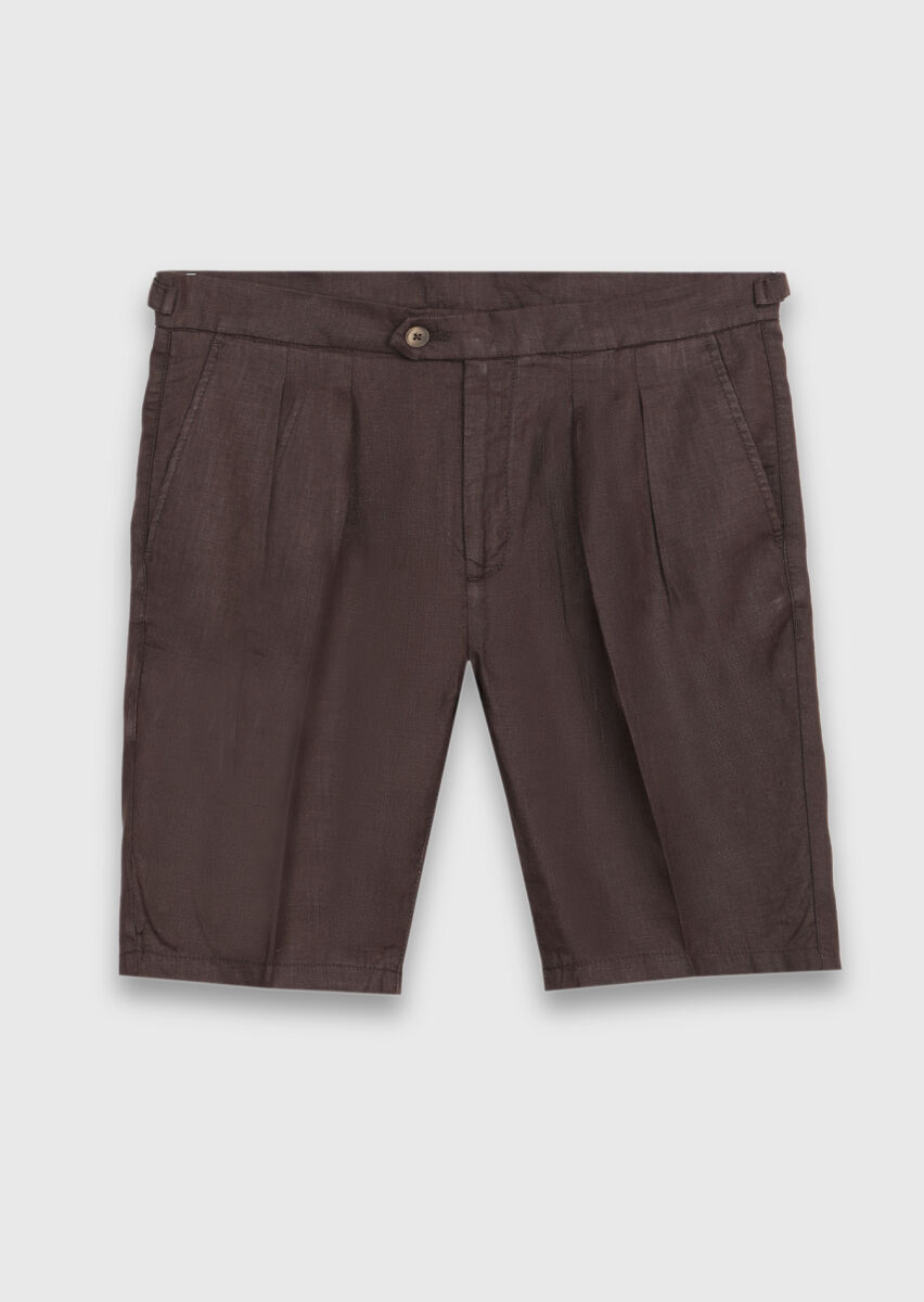 Kahverengi Düz Dokuma Carrot Fit Casual %100 Keten Bermuda - 5